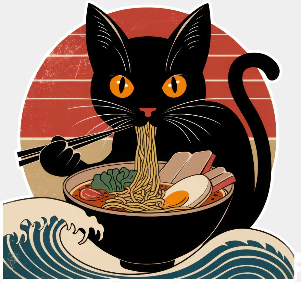 Cat Eating Ramen & Kanagawa Wave - Cats DTF Transfer Adult Unisex - S & M (10’’) / Light Color Design (See Imaging)