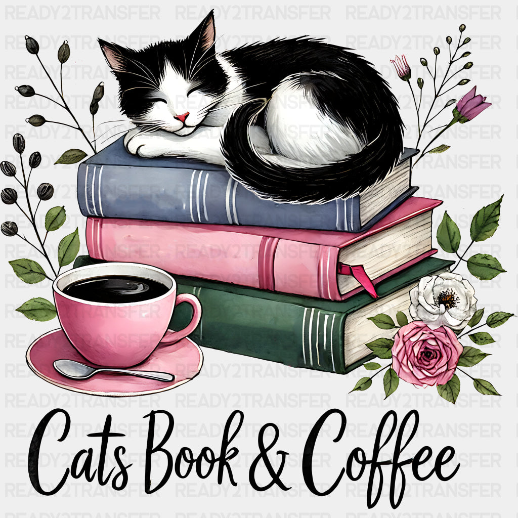Cats Book & Coffee - Reading DTF Transfers ready2transfer Dark Color Design (See Imaging)