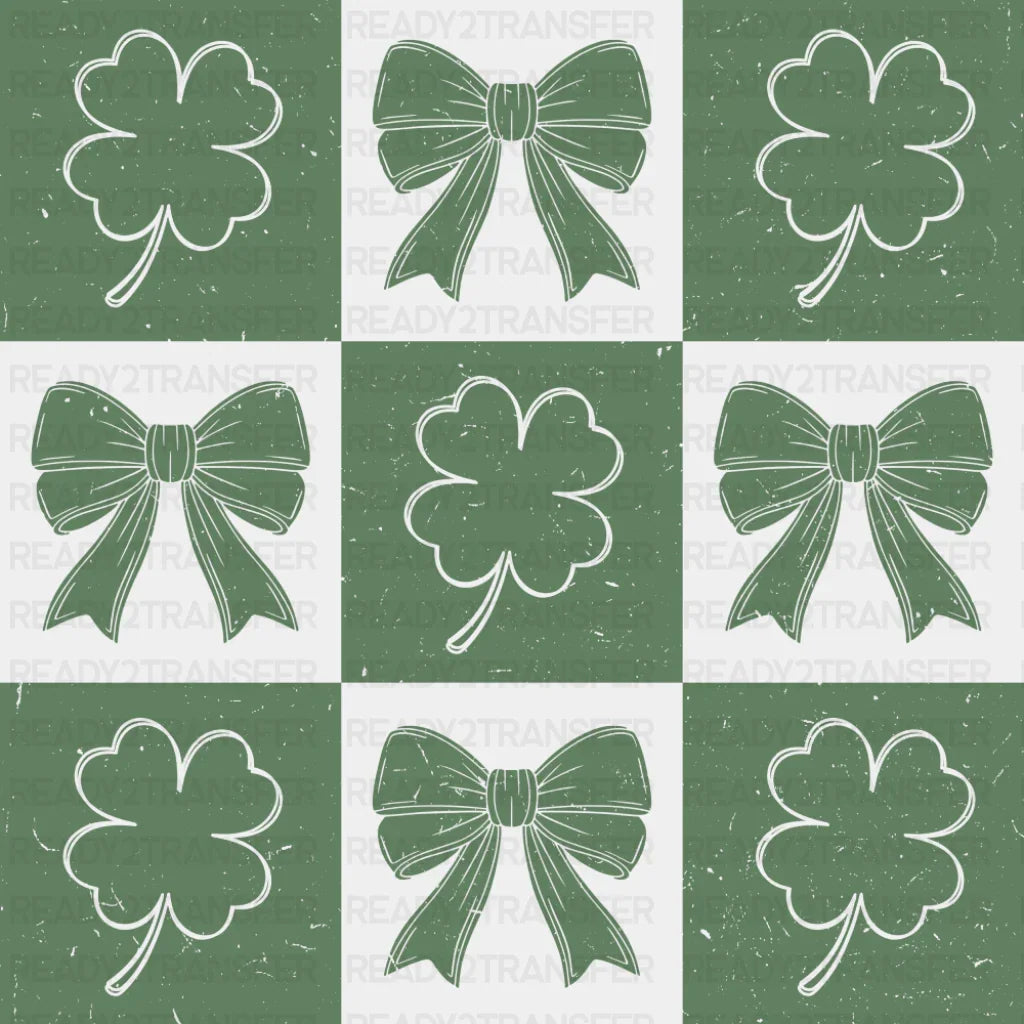 Checker Board Clovers And Ribbons - St. Patrick’s Day DTF Transfer Adult Unisex - S & M (10’’) / Green Color Design