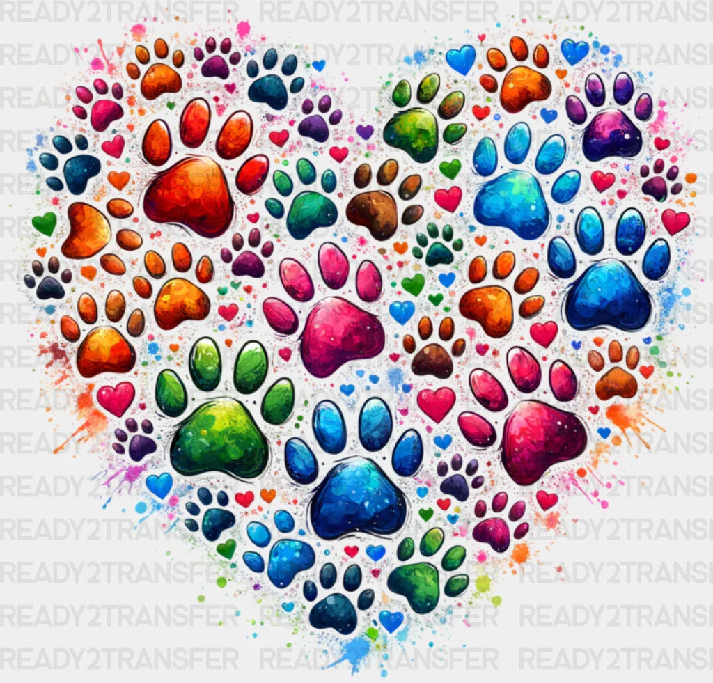 Colorful Paws In Heart - Dogs Dtf Transfer