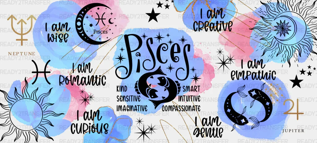 Colorful Pisces Sign - Zodiac Cup Wrap Uv Sticker Permanent Dtf Decal