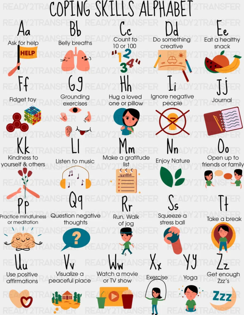 Coping Skills Alphabet - Teachers DTF Transfer Adult Unisex - S & M (10’’) / Dark Color Design (See Imaging)