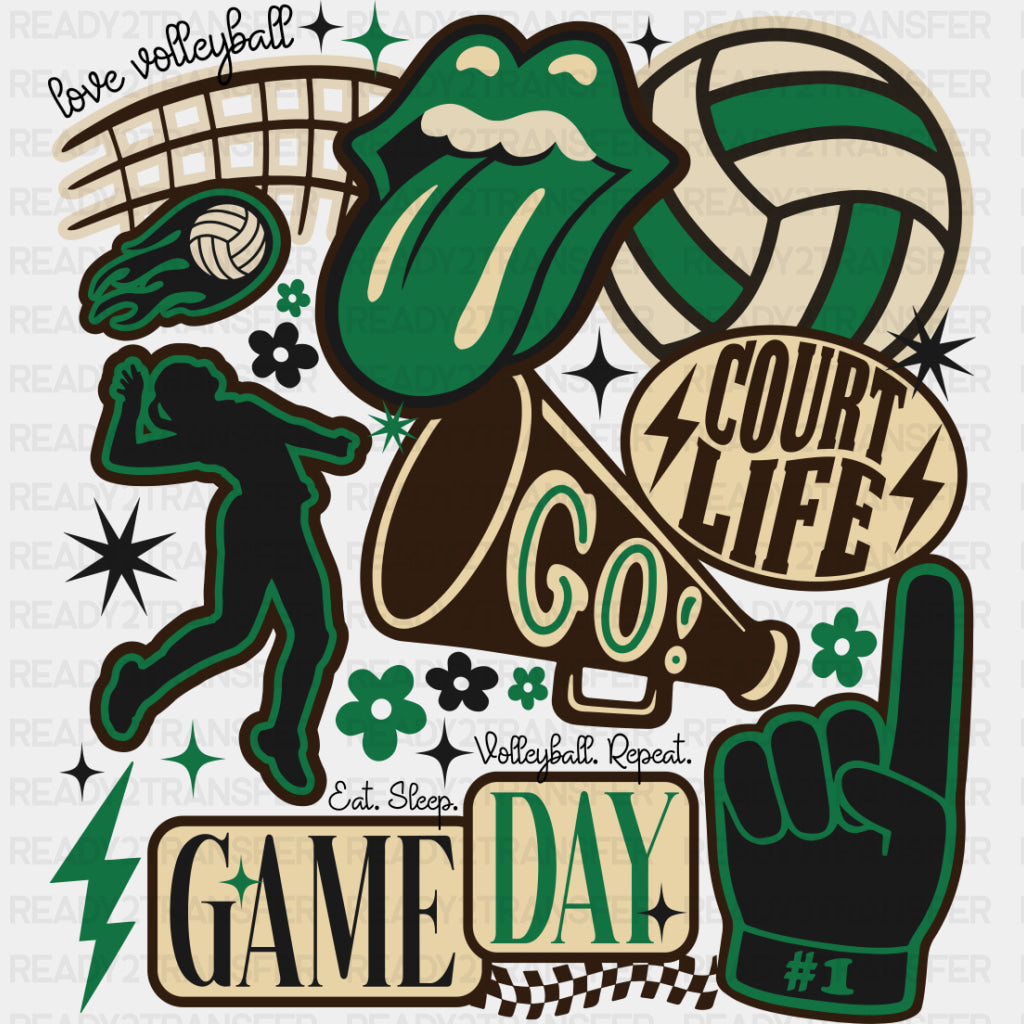 Court Life, Game Day, Go, Green Design - Volleyball DTF Transfers ready2transfer Dark Color Design (See Imaging)