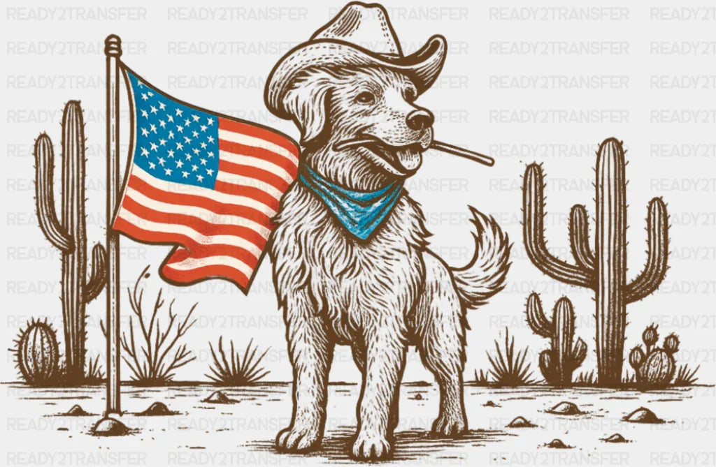 Cowboy Dog US Flag - 4th Of July DTF Transfer Adult Unisex - S & M (10’’) / Dark Color Design (See Imaging)