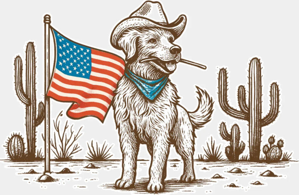 Cowboy Dog US Flag - 4th Of July DTF Transfer Adult Unisex - S & M (10’’) / Light Color Design (See Imaging)