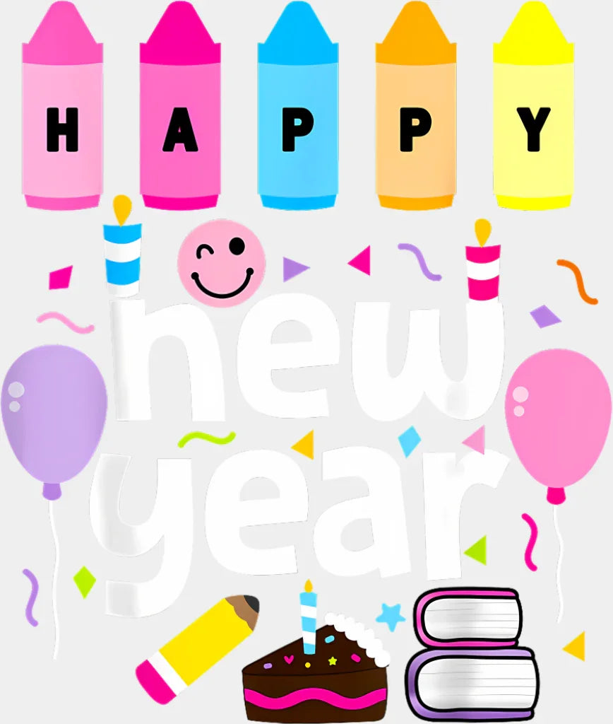 Crayons Happy New Year B&W - New Year DTF Transfer Adult Unisex - S & M (10’’) / Light Color Design (See Imaging)