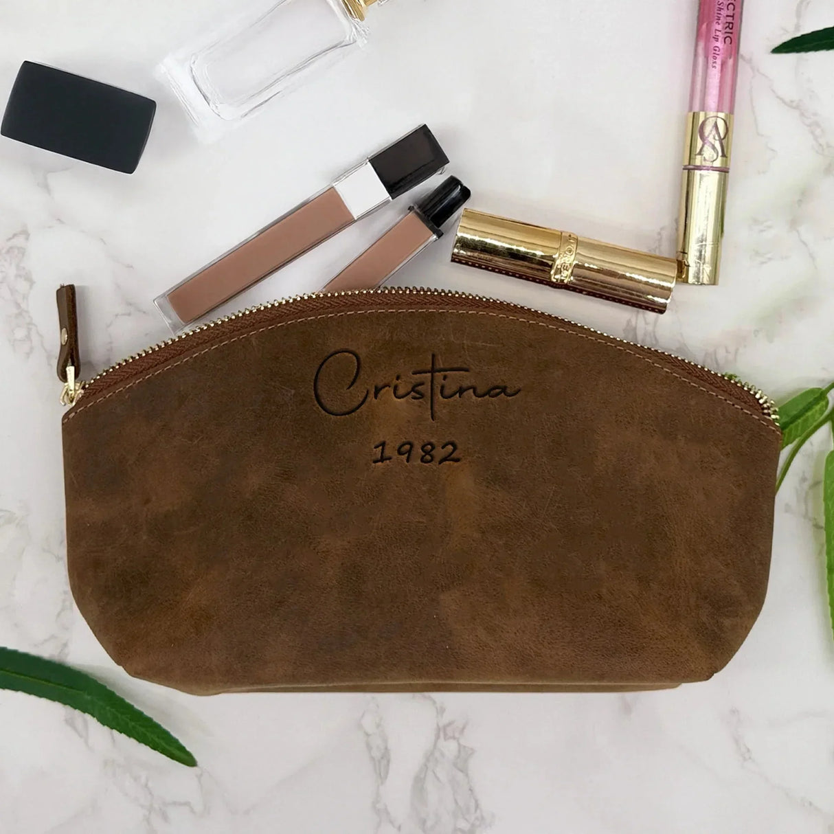 Custom Engraved Leather Makeup Bag for Women