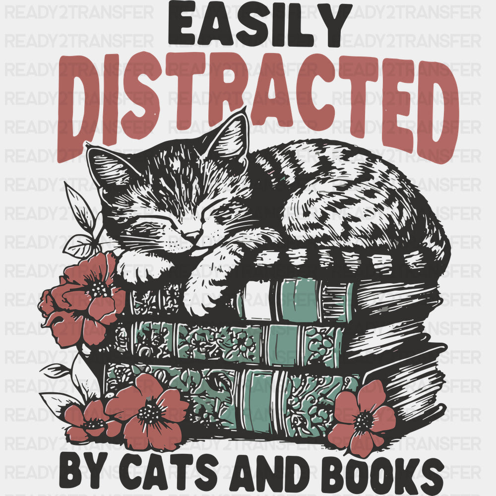 Easily Distracted By Cats And Books - Reading DTF Transfers - Adult Unisex - S & M (10’’) / Dark Color Design (See