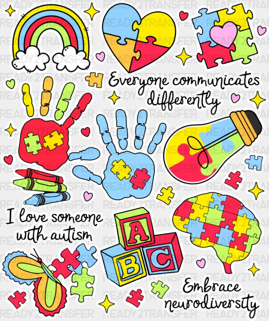Everyone Communicates Differently Colorful Design - Autism Awareness Dtf Transfer Adult Unisex S &