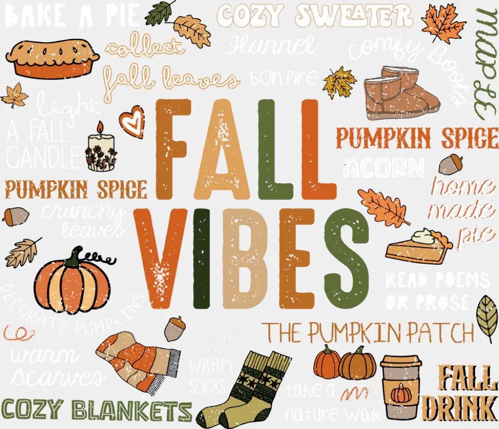 Fall Vibes B&W - Fall DTF Transfer Adult Unisex - S & M (10’’) / Light Color Design (See Imaging)