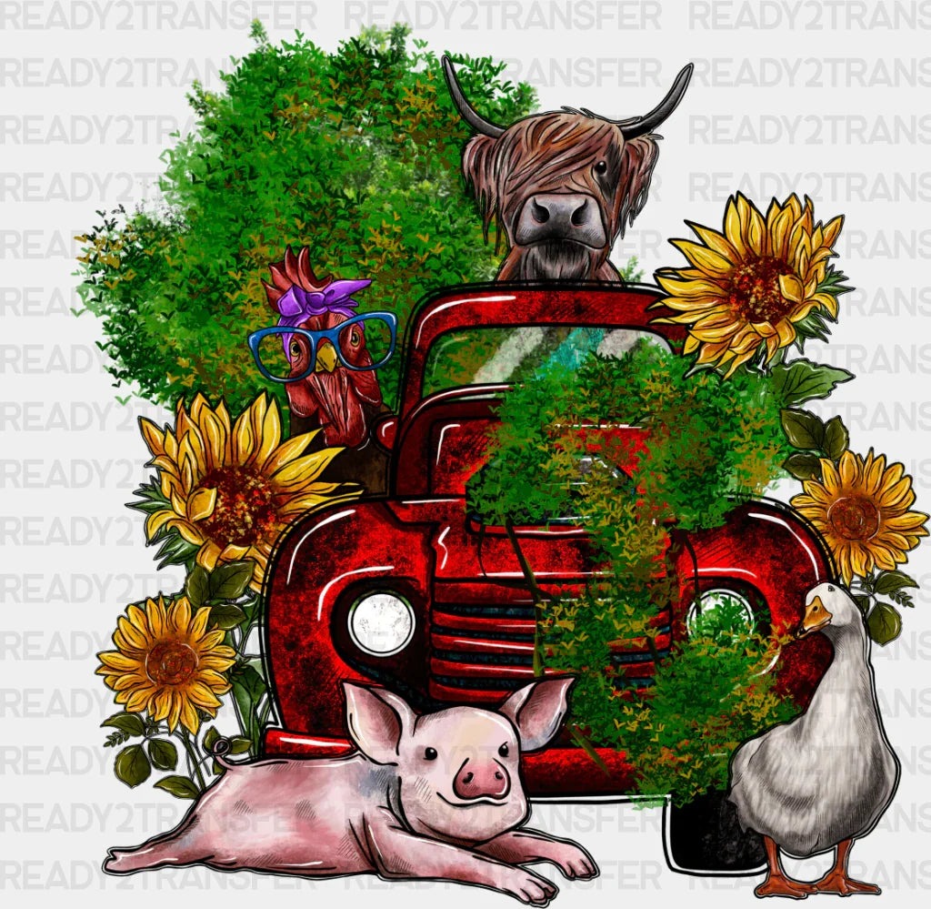 Farm Animals Truck And Flower Design - Iron On Dtf Transfer