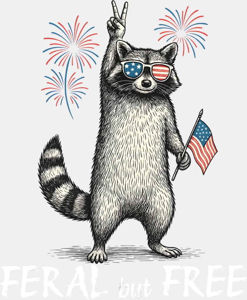 Feral But Free Raccoon Design - 4th Of July DTF Transfer Adult Unisex - S & M (10’’) / Light Color Design (See Imaging)