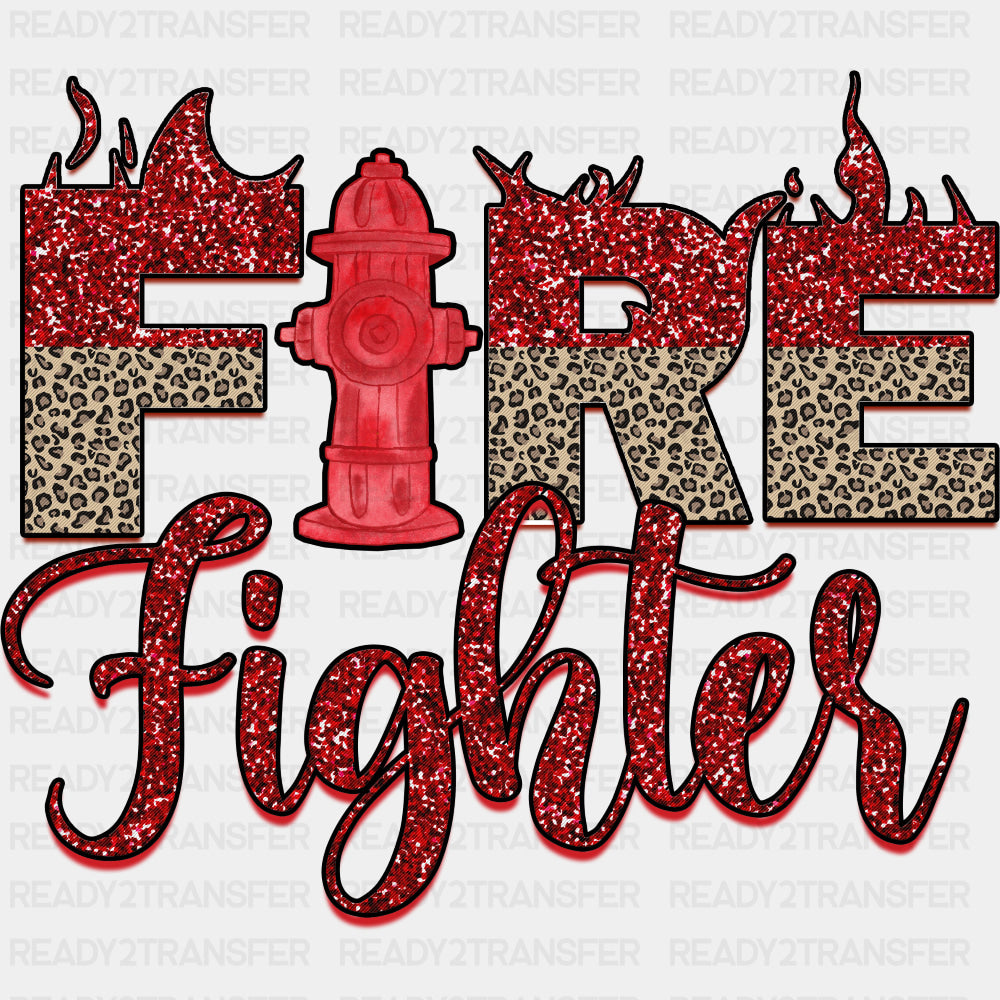 Fire Fighter Leopard Print & Red Sequin - Fire Department DTF Transfers ready2transfer Dark Color Design (See Imaging)