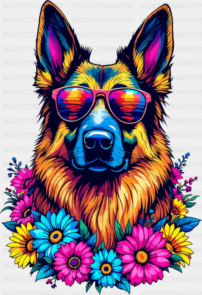 German Shepherd Colorful Flowers - Dogs DTF Transfer