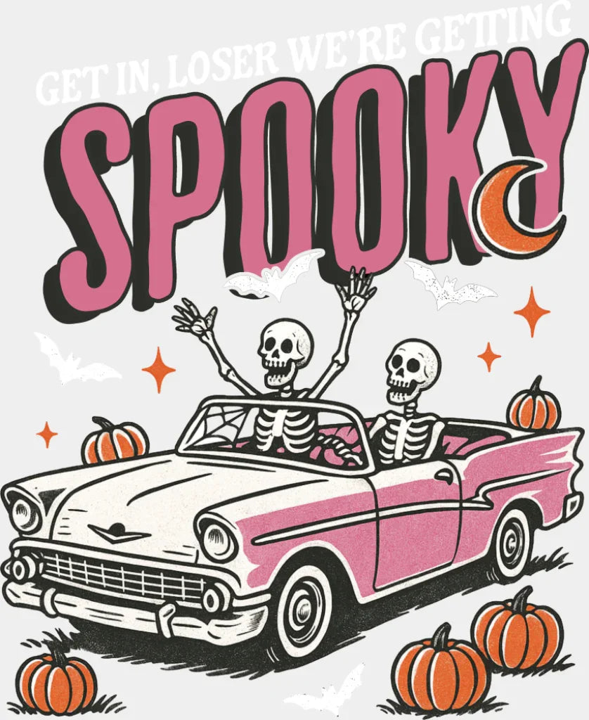 Get In Loser We’re Getting Spooky Pink Car - Halloween DTF Transfer Adult Unisex - S & M (10’’) / Light Color Design