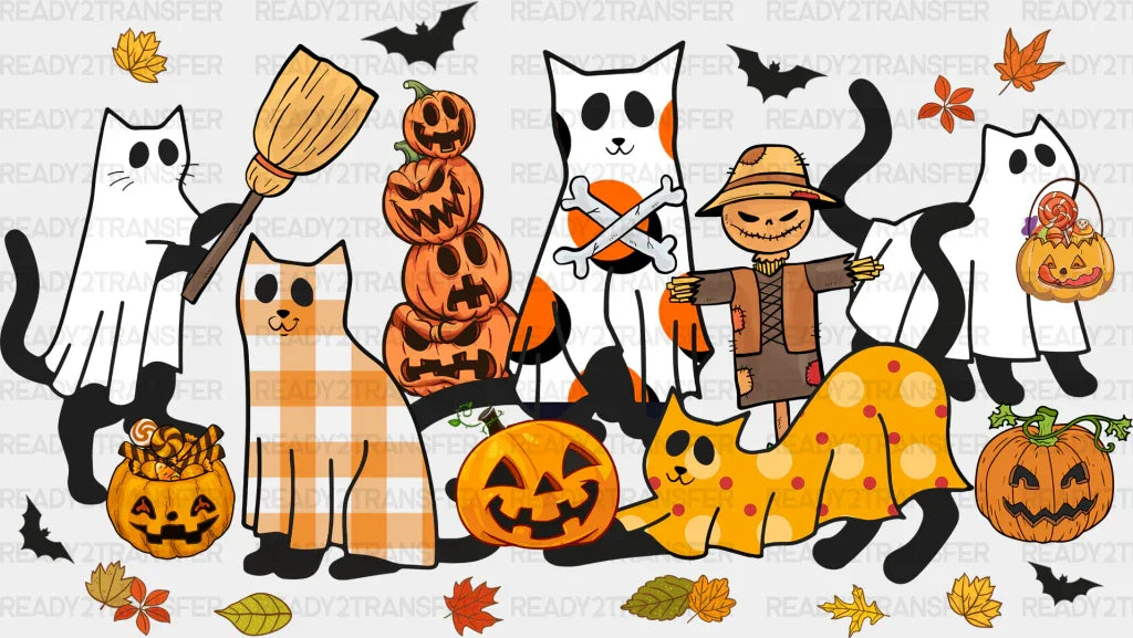 Ghost Cats With Pumpkins - Halloween Dtf Transfer Adult Unisex S & M (10’’) / Dark Color Design