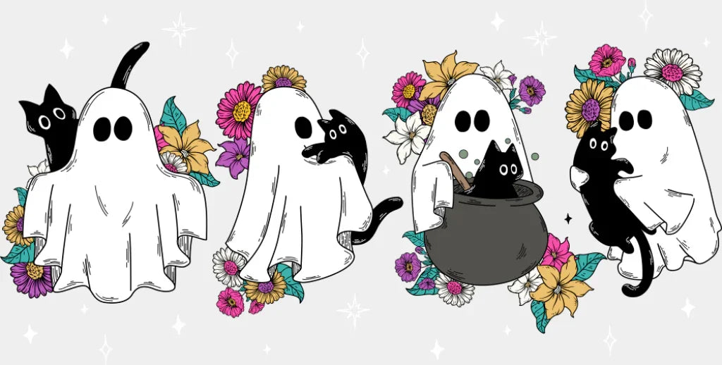 Ghosts Flowers And Cats - Halloween DTF Transfer Adult Unisex - S & M (10’’) / Light Color Design (See Imaging)