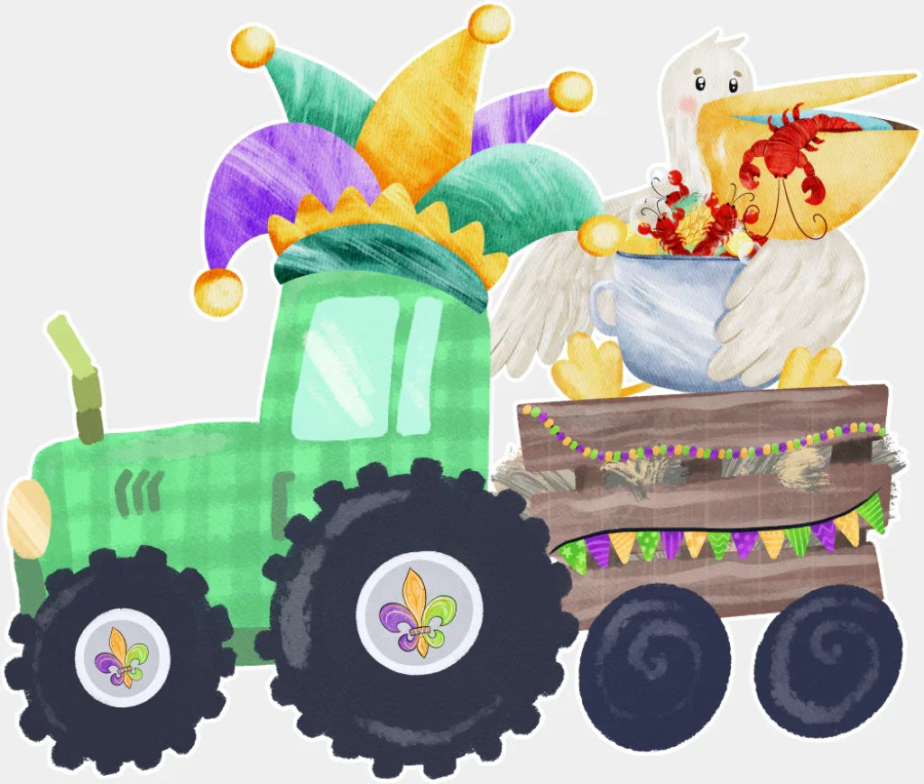 Green Tractor With Pelican - Mardi Gras DTF Transfer Adult Unisex - S & M (10’’) / Light Color Design (See Imaging)