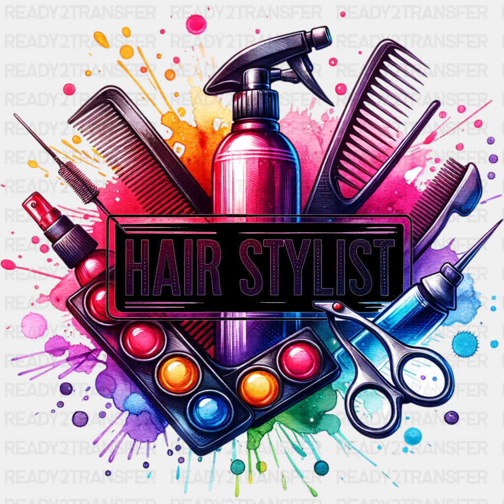 Hair Stylist, Colorful Splash - Hair Stylist DTF Transfers ready2transfer Dark Color Design (See Imaging)