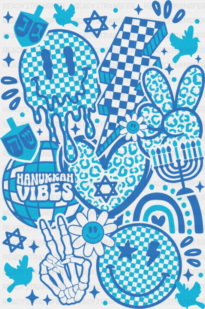 Hanukkah Vibes Smiley Blue Design - Hanukkah DTF Transfer
