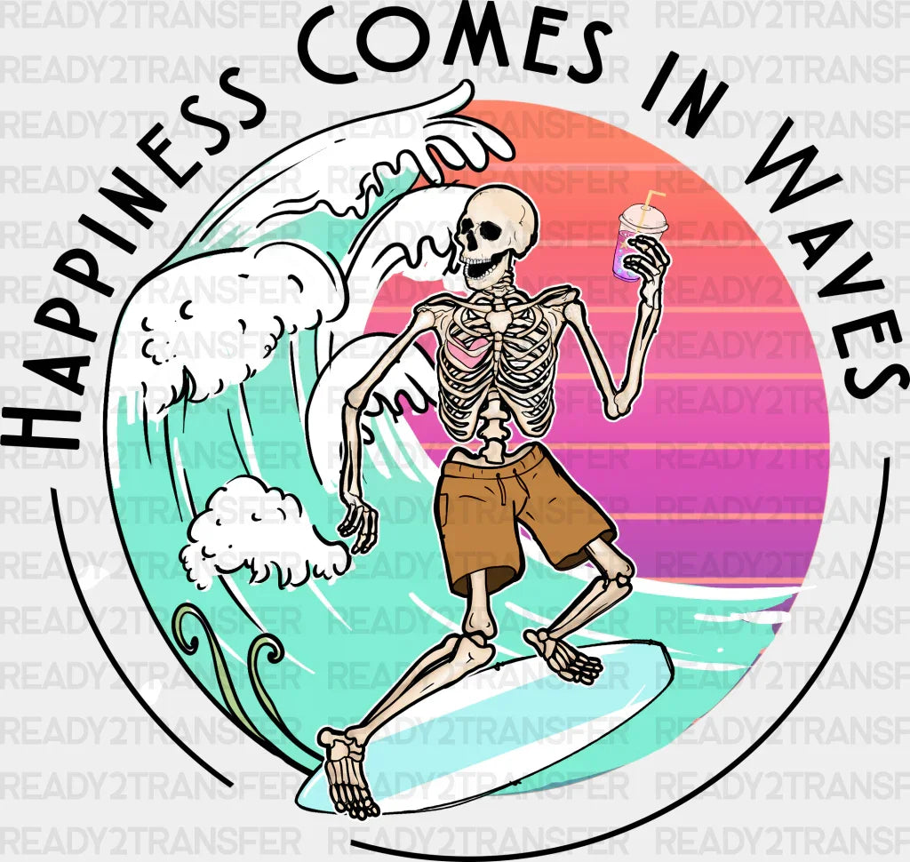 Happiness Comes In Waves Summer Dtf Transfer Adult Unisex - S & M (10’) / Black