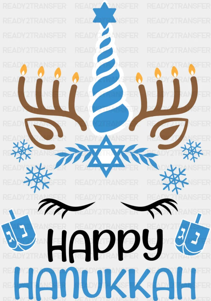 Happy Hanukkah Unicorn - Hanukkah DTF Transfer Adult Unisex - S & M (10’’) / Dark Color Design (See Imaging)