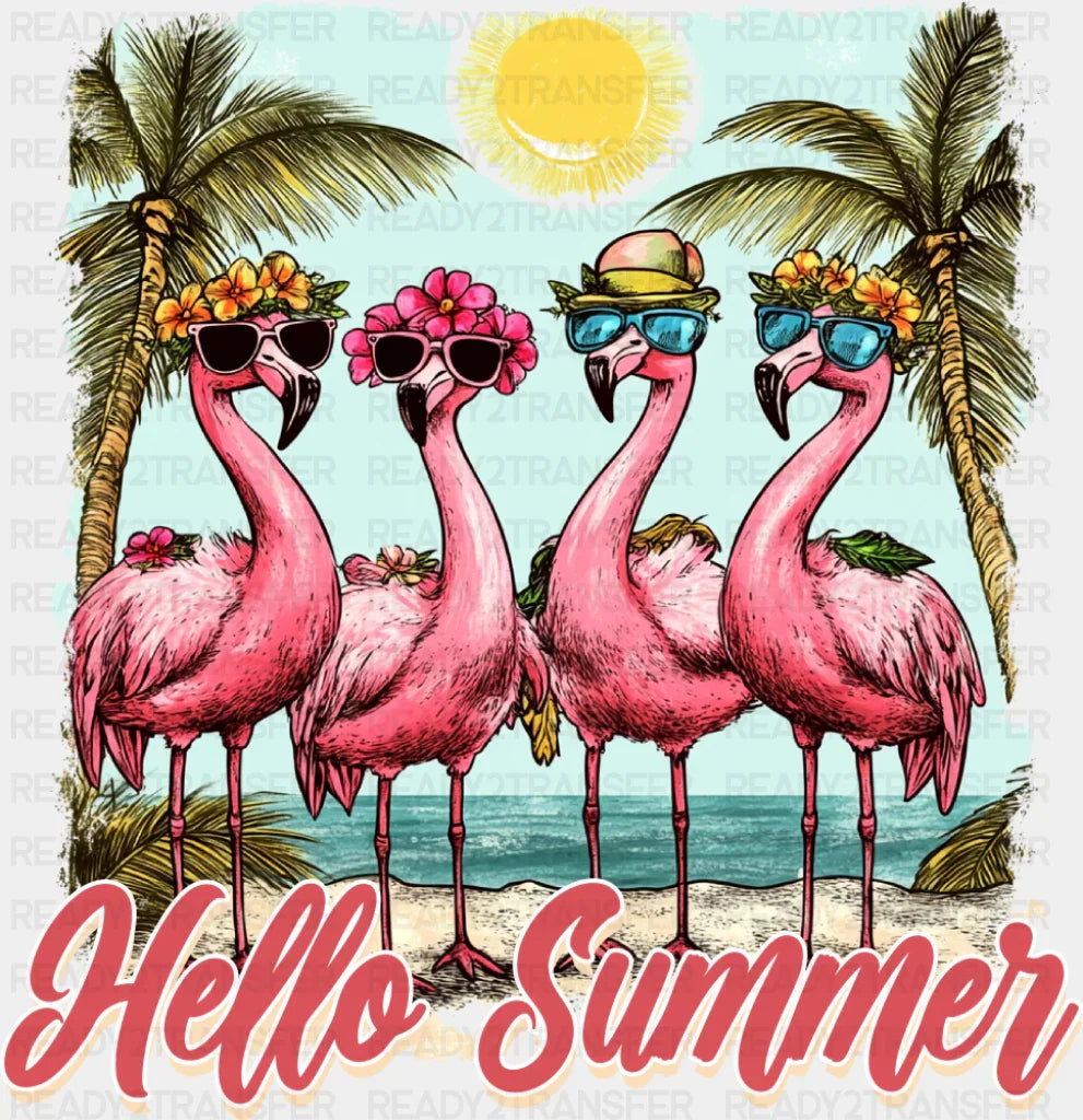Hello Summer Flamingos Colorful Design - Summer DTF Transfer