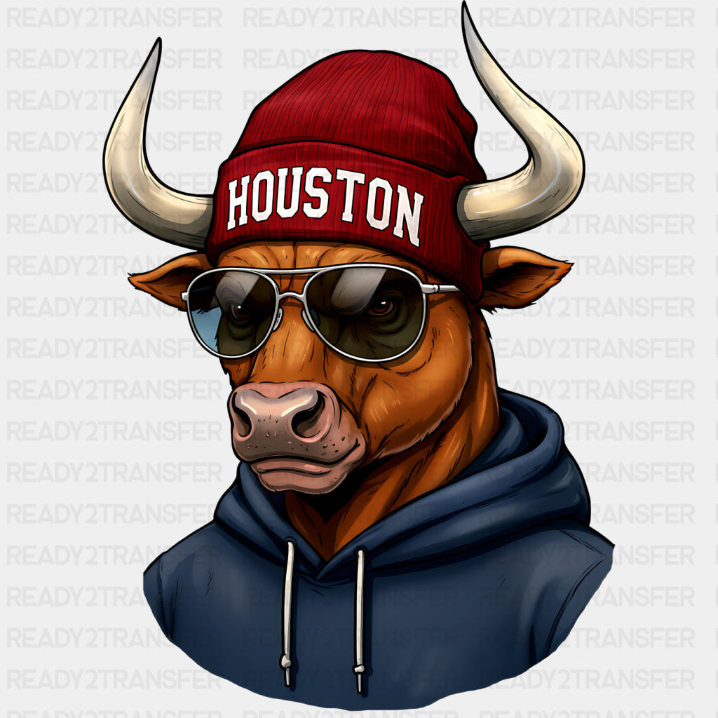 Houston Bull With Glasses - States & Cities DTF Transfers ready2transfer
