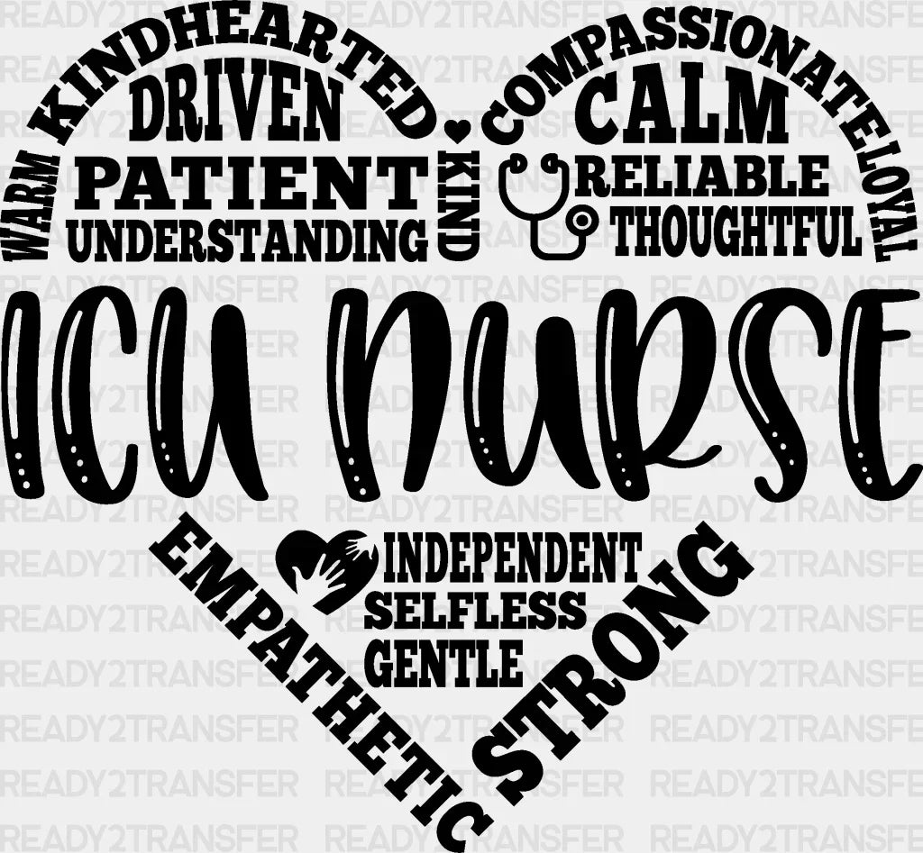 Icu Nurse Heart Design - Dtf Transfers Adult Unisex S & M (10’’) / Black