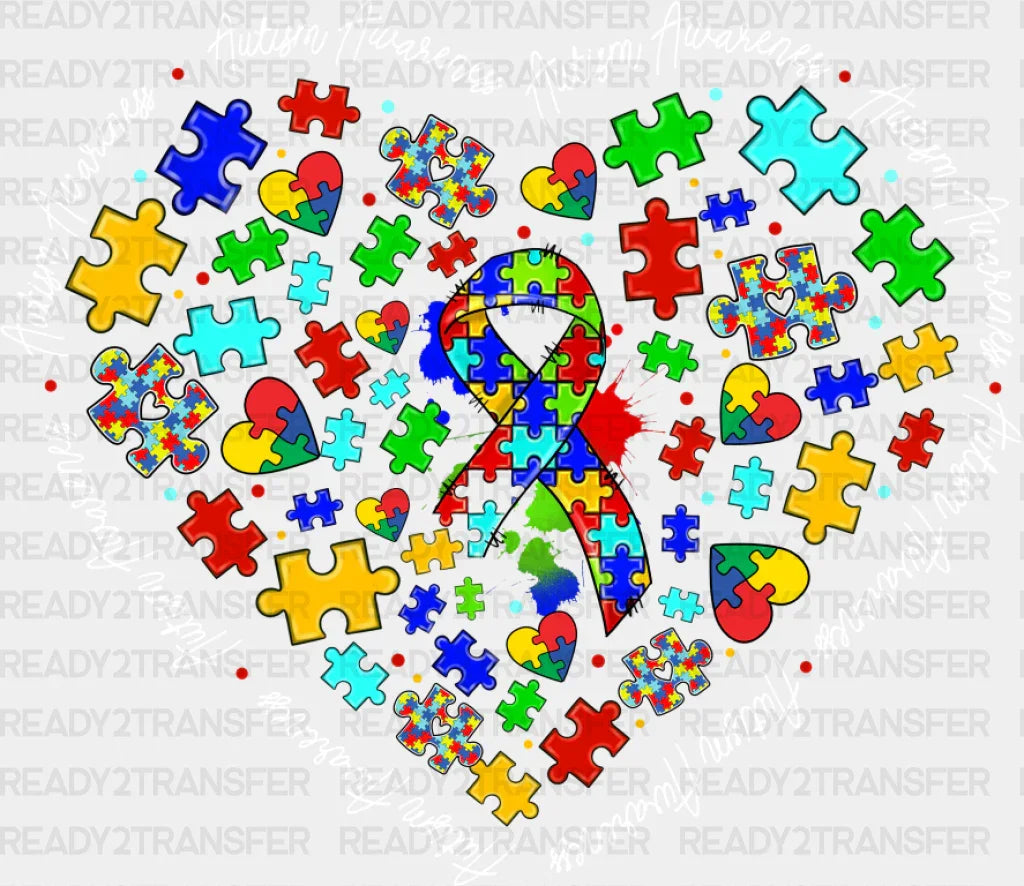 Jigsaw Ribbon Heart Design - Autism Awareness Dtf Transfer Adult Unisex S & M (10’’) / Light
