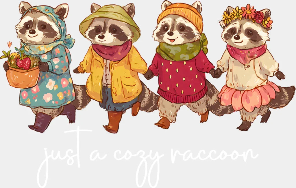Just A Cozy Raccoon Fall DTF Transfer Adult Unisex S & M (10’’) / Light Color Design (See Imaging)