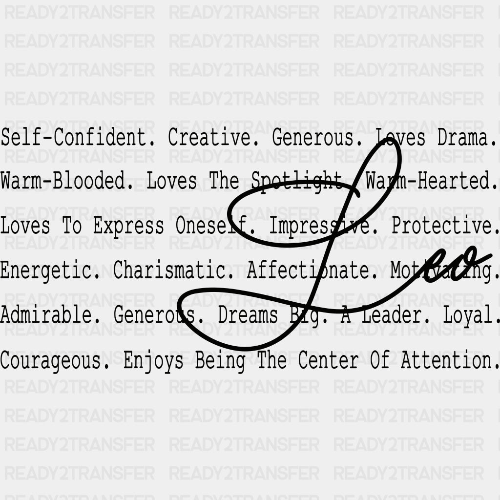Leo B&W - Zodiacs & Horoscopes DTF Transfers - Adult Unisex - S & M (10’’) / Dark Color Design (See Imaging)