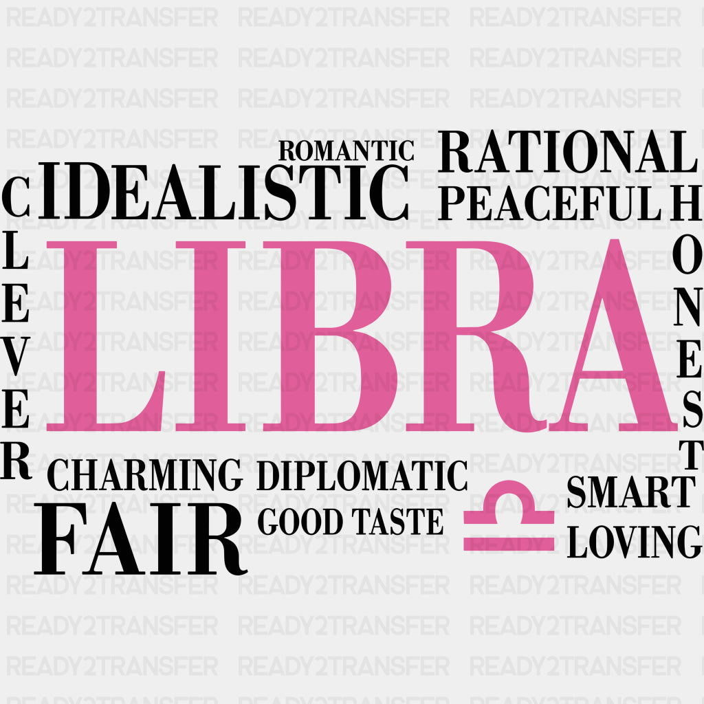 Libra Qualities Pink Horizontal - Zodiacs & Horoscopes DTF Transfers - Adult Unisex - S & M (10’’) / Dark Color Design