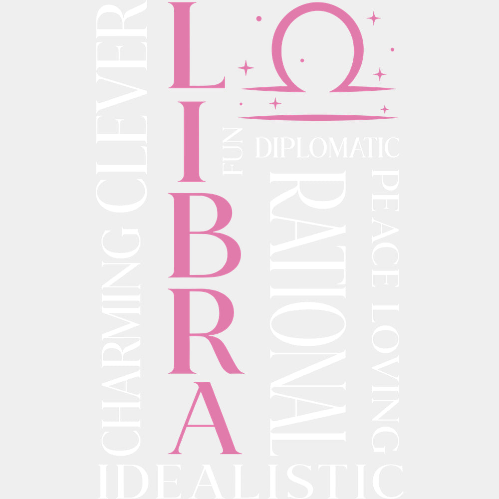 Libra Qualities Pink - Zodiacs & Horoscopes DTF Transfers - Adult Unisex - S & M (10’’) / Light Color Design (See