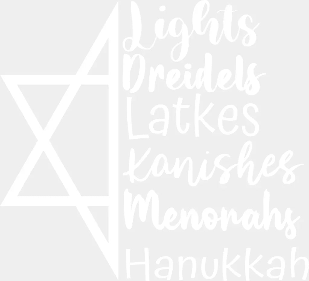 Lights Dreidels Latkes Kanishes Menorahs - Hanukkah DTF Transfer Adult Unisex - S & M (10’’) / Light Color Design (See