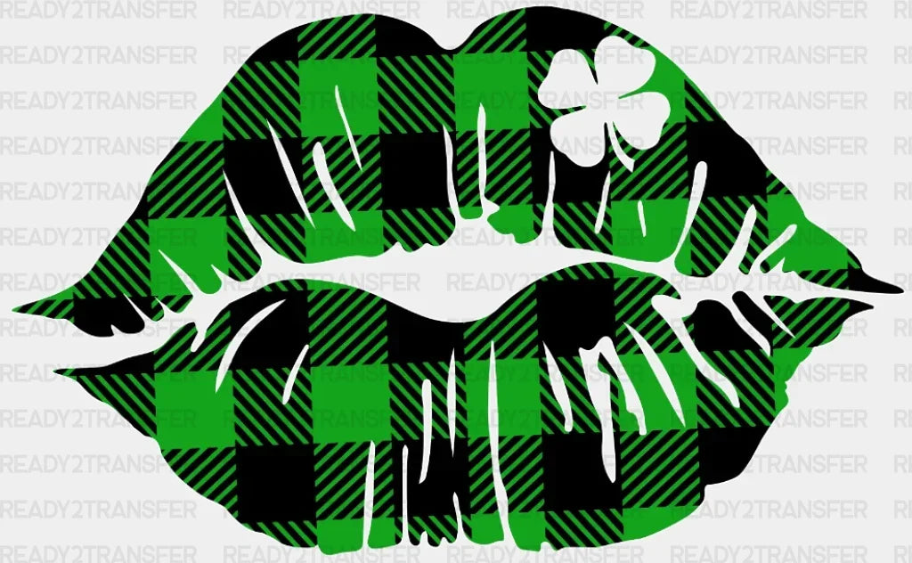 Lips Buffalo Plaid St. Patrick's Day DTF Heat Transfer, Saint Patricks Day Design, St Paddys Day DTF ready2transfer White