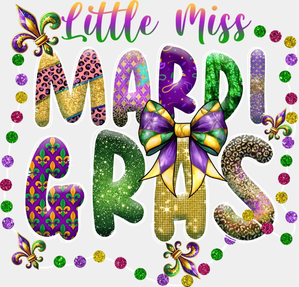 Little Miss Mardi Gras Gemstones - Mardi Gras DTF Transfer Adult Unisex - S & M (10’’) / Light Color Design (See