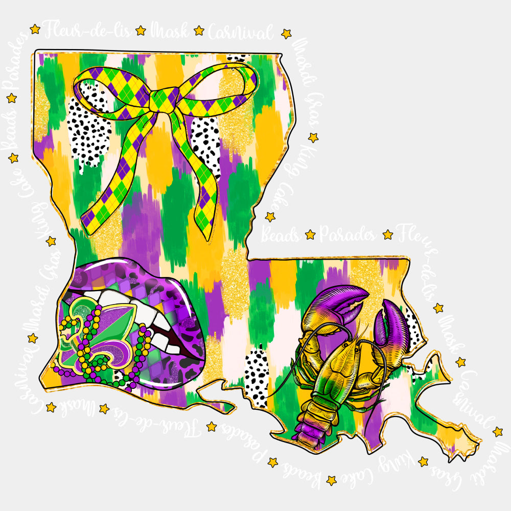 Louisiana Map B&W Text - Mardi Gras DTF Transfers ready2transfer Light Color Design (See Imaging)