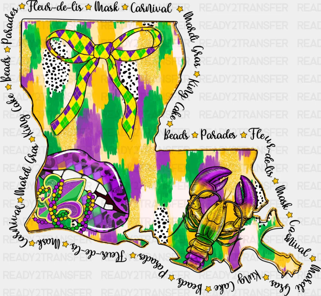 Louisiana Map - Mardi Gras DTF Transfer Adult Unisex - S & M (10’’) / Dark Color Design (See Imaging)