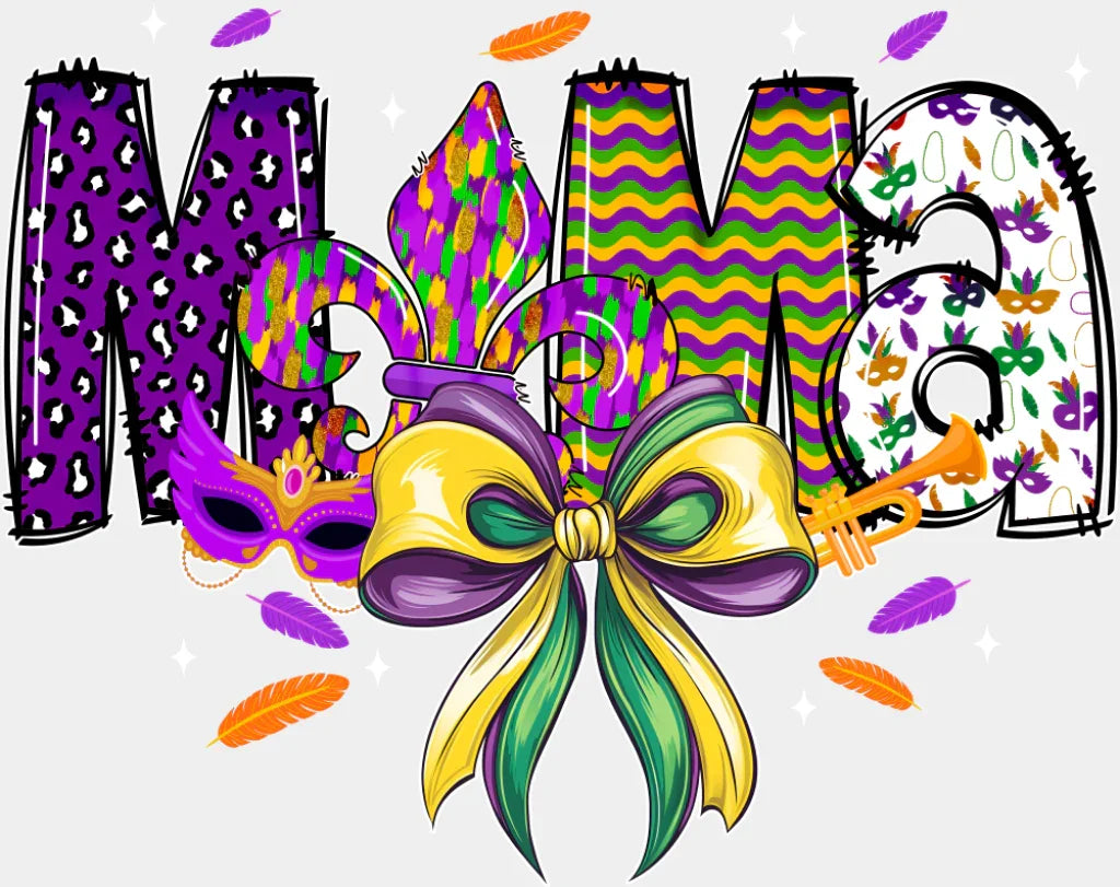 Mama Ribbon & Mask - Mardi Gras DTF Transfer Adult Unisex - S & M (10’’) / Light Color Design (See Imaging)