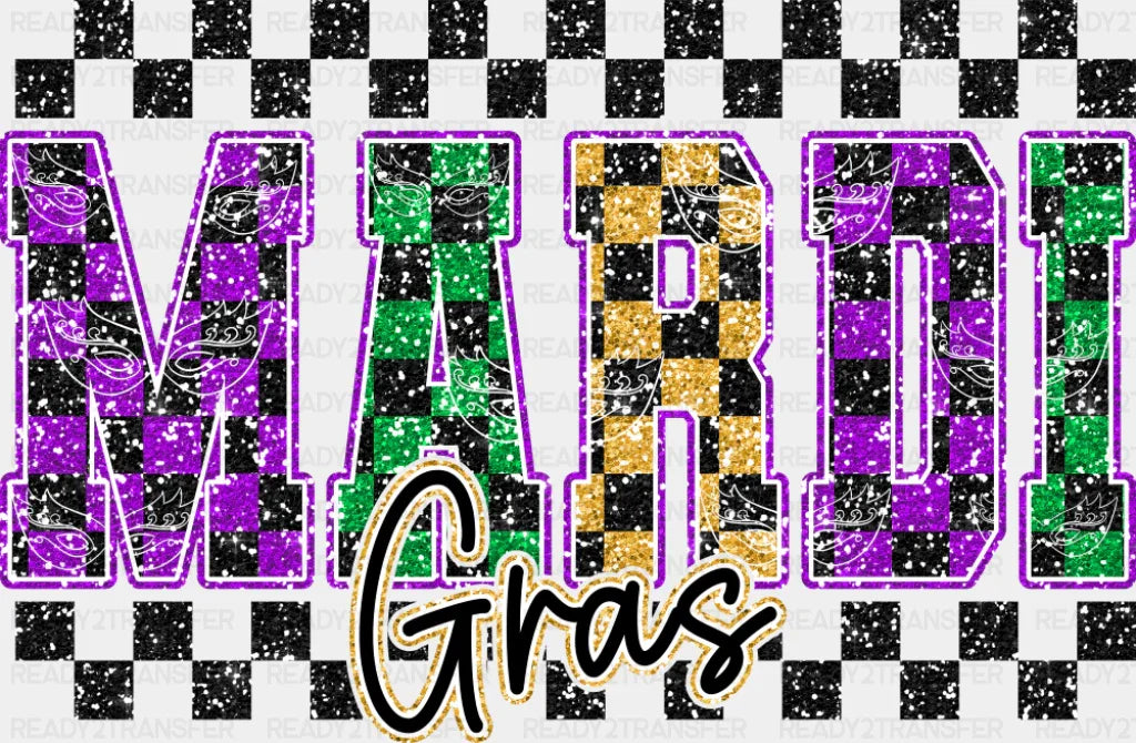 Mardi Gras Checkered B&W - Mardi Gras DTF Transfer Adult Unisex - S & M (10’’) / Dark Color Design (See Imaging)