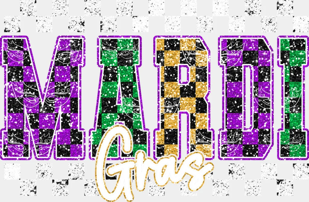 Mardi Gras Checkered B&W - Mardi Gras DTF Transfer Adult Unisex - S & M (10’’) / Light Color Design (See Imaging)