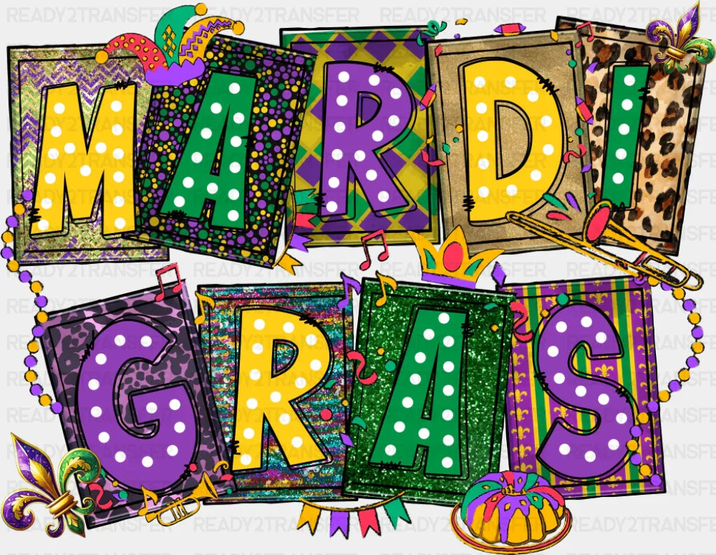 Mardi Gras Dotted - Mardi Gras DTF Transfer Adult Unisex - S & M (10’’) / Dark Color Design (See Imaging)