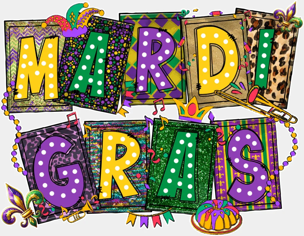 Mardi Gras Dotted - Mardi Gras DTF Transfer Adult Unisex - S & M (10’’) / Light Color Design (See Imaging)