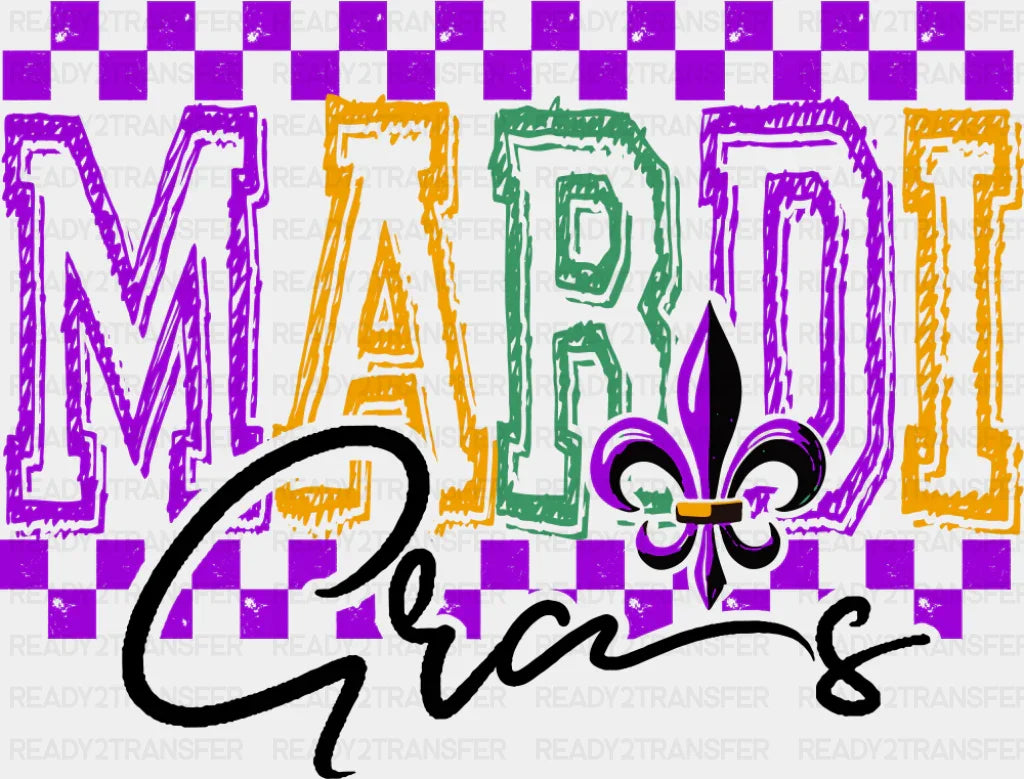 Mardi Gras Purple Checkered Design - Mardi Gras DTF Transfer Adult Unisex - S & M (10’’) / Dark Color Design (See