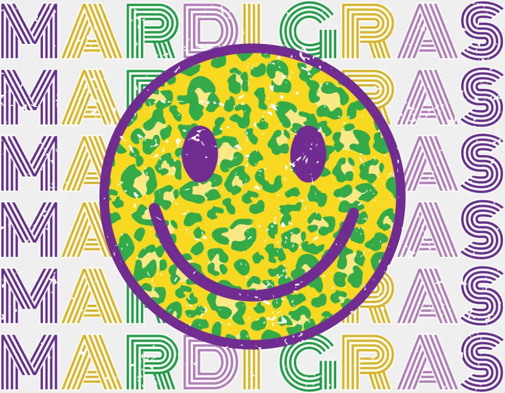 Mardi Gras Smiley - Mardi Gras DTF Transfer Adult Unisex - S & M (10’’) / Light Color Design (See Imaging)