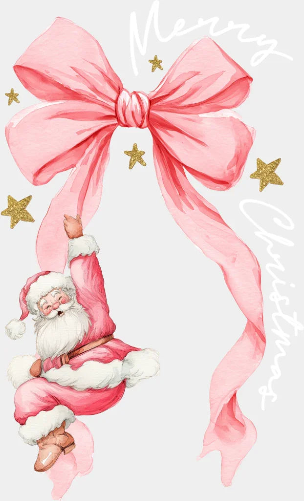 Merry Christmas Pink Ribbon - Christmas DTF Transfer Adult Unisex - S & M (10’’) / Light Color Design (See Imaging)