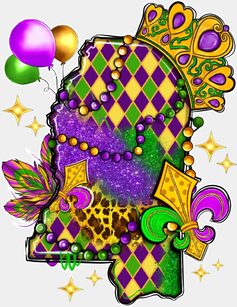 Mississippi Map Colorful - Mardi Gras DTF Transfer Adult Unisex - S & M (10ββ) / Light Color Design (See Imaging)