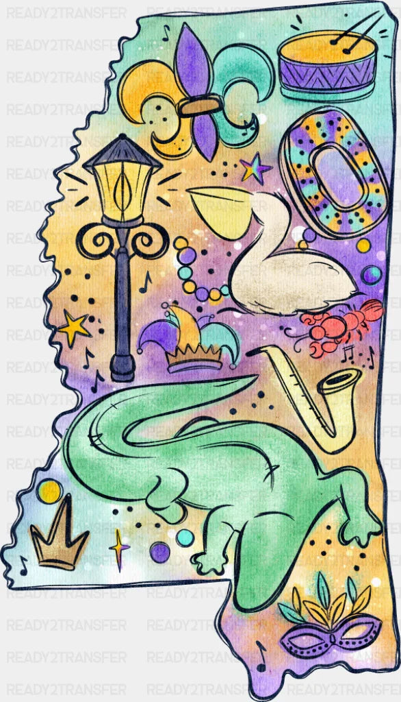 Mississippi Map - Mardi Gras DTF Transfer