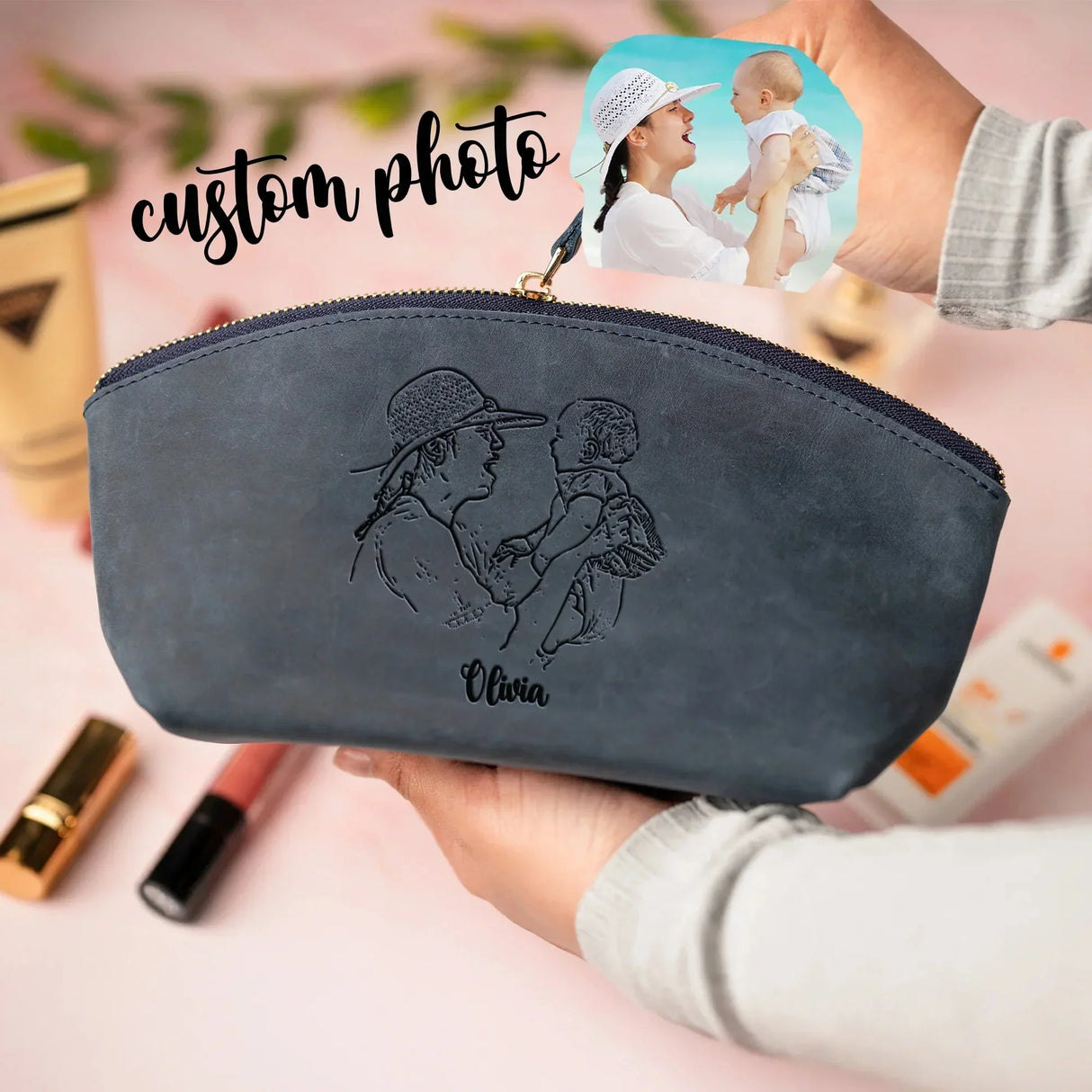 Custom Engraved Leather Makeup Bag for Women